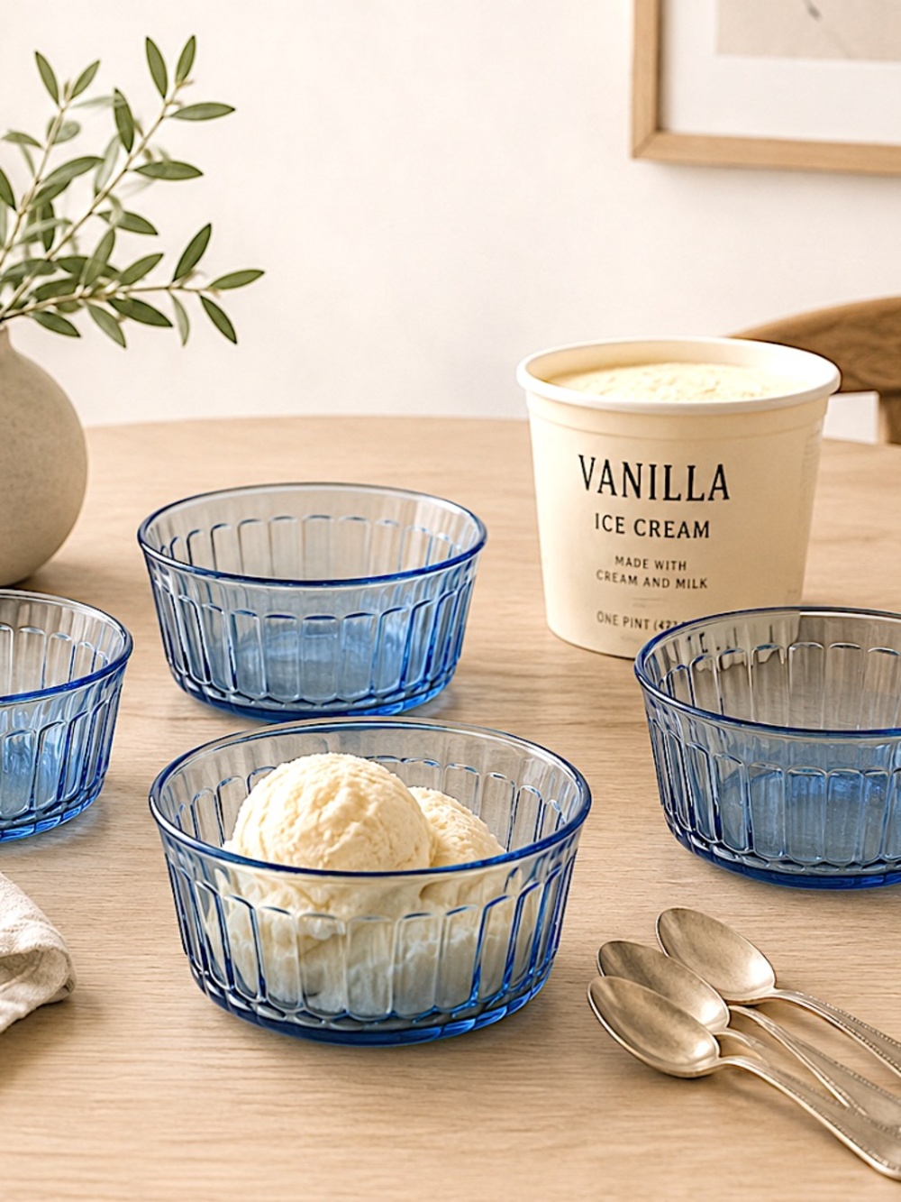 Forte Crisa Blue Ribbed Glass Bowls Set of 4 Mexico 4 7/8" cottage farmhouse